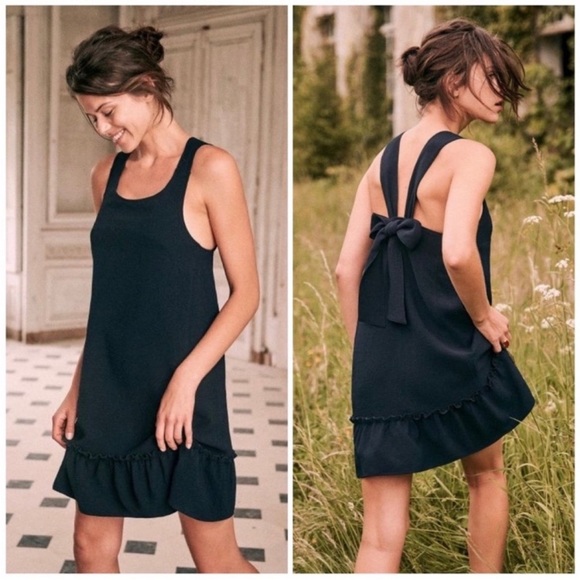 Sézane Mathilde Tie Bow Back Dress in Marine Blue Size FR 38, US 6 - Picture 11 of 11